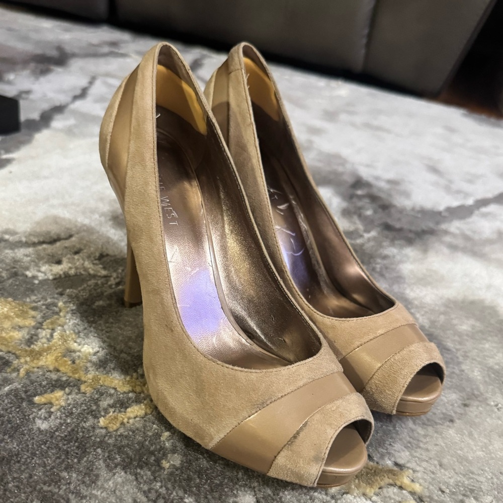 Nine West Tan Peep-Toe Heels